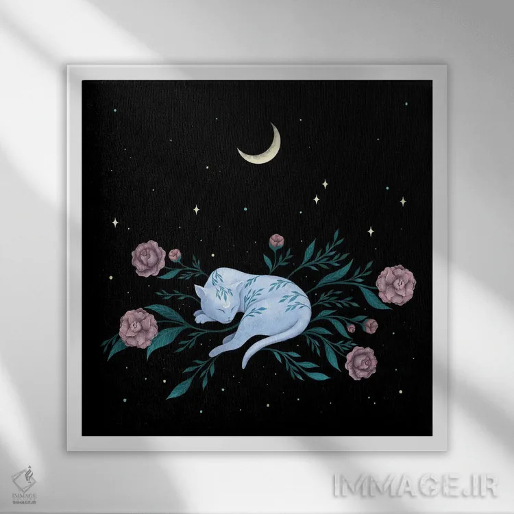 تابلو گربهای که خواب ماه را میبیند اثر اپیزودیک دراوینگ (برند هنری) - نمای قابدار سفید