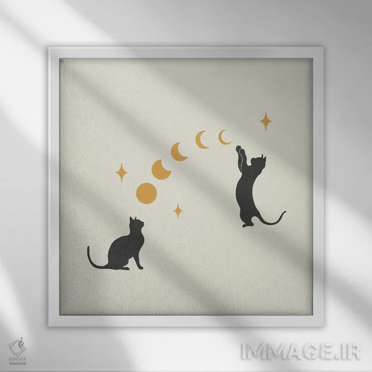 تابلو گربه و ماه ۱ اثر اپیزودیک دراوینگ (برند هنری) - نمای قابدار سفید