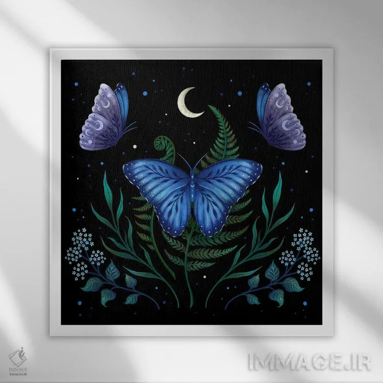 تابلو پروانهٔ بلو مورفو (نوعی پروانه آبی) اثر اپیزودیک دراوینگ (برند هنری) - نمای قابدار سفید