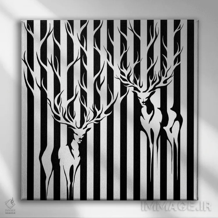 تابلو گوزنها در خطوط راهراه اثر اپیزودیک دراوینگ (برند هنری) - نمای روبهرو روی دیوار