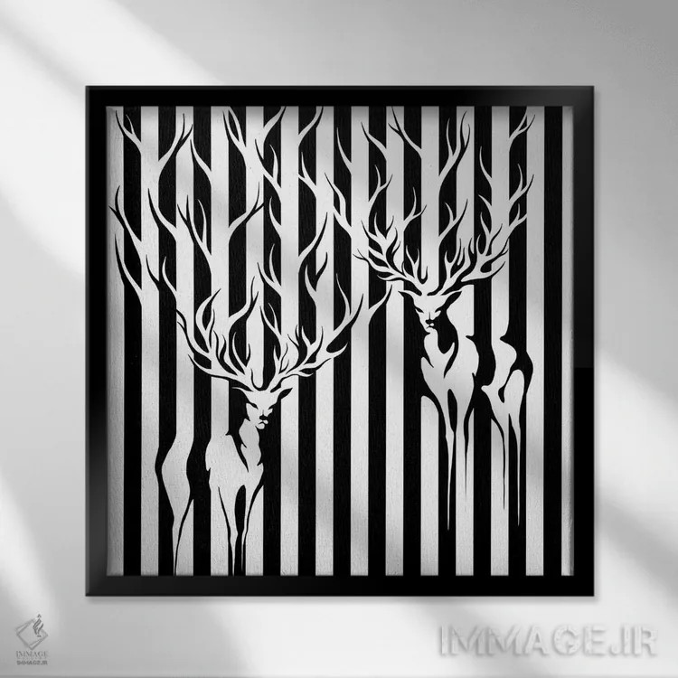 تابلو گوزنها در خطوط راهراه اثر اپیزودیک دراوینگ (برند هنری) - نمای قابدار مشکی