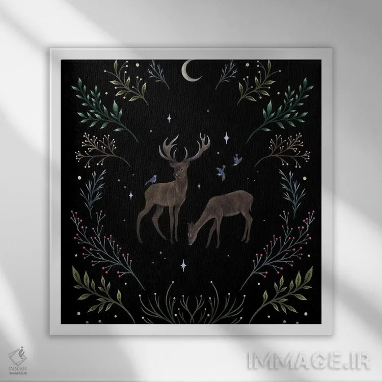 تابلو گوزنها در نور ماه اثر اپیزودیک دراوینگ (برند هنری) - نمای قابدار سفید