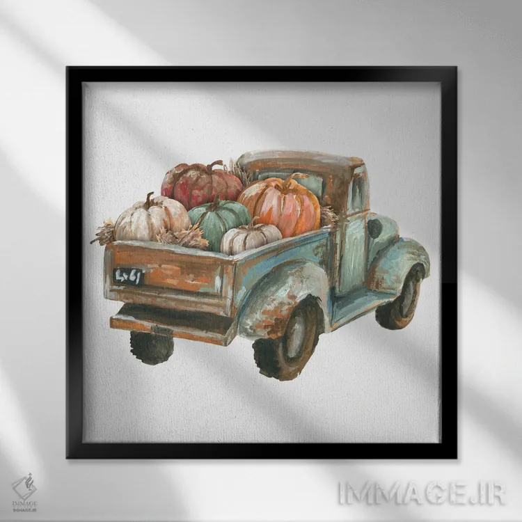 تابلو کامیون فیروزهای پاییزی با کدوحلوایی اثر افرازی گرافیکز (استودیو طراحی) - نمای قابدار مشکی