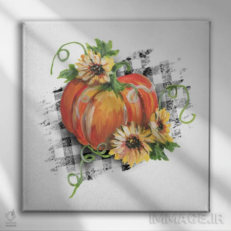 تابلو کدوحلوایی با آفتابگردانها و نقش چهارخانه سفید اثر افرازی گرافیکز (استودیو طراحی) - نمای روبهرو روی دیوار