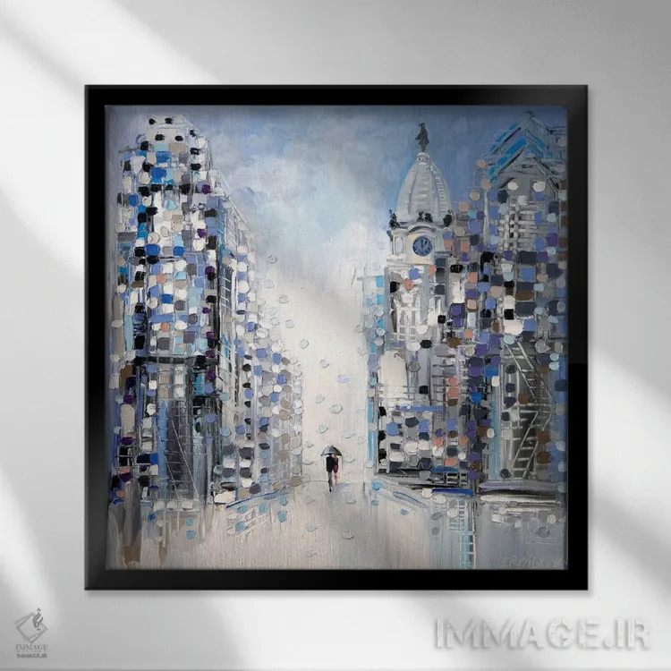 تابلو قدم زدن زیر باران در فیلادلفیا اثر اکاترینا ارمیلکینا - نمای قابدار مشکی