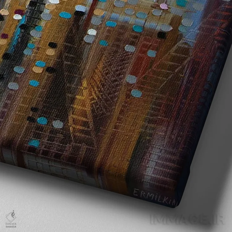 تابلو خورشید بالای شهر اثر اکاترینا ارمیلکینا - نمای نزدیک بافت بوم