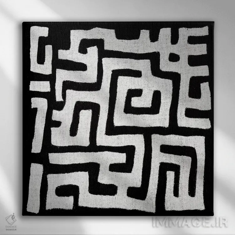 تابلو طراحی هندسی با پارچهی گلآلود سیاه I اثر الی رابرتز - نمای روبهرو روی دیوار