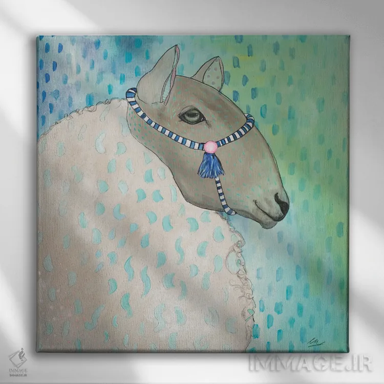 تابلو گوسفند با آبی و سبز اثر امیلی رید - نمای روبهرو روی دیوار