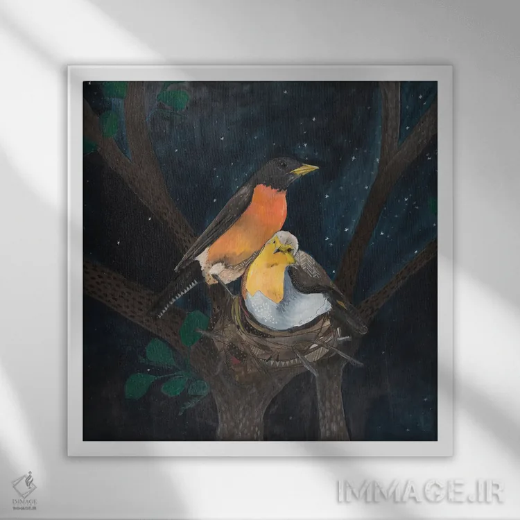 تابلو سینهسرخان در لانه اثر امیلی رید - نمای قابدار سفید