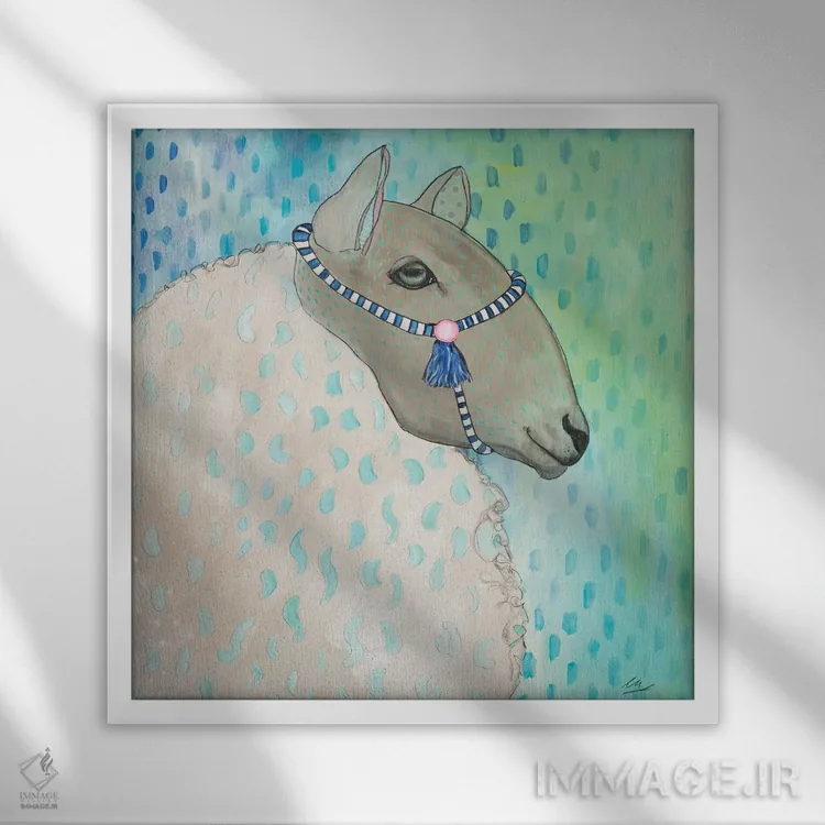 تابلو گوسفند با آبی و سبز اثر امیلی رید - نمای قابدار سفید