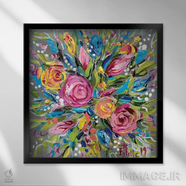 تابلو دسته گل بهاری اثر استل گرنگس - نمای قابدار مشکی