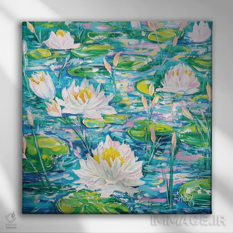 تابلو نیلوفرهای آبی شناور اثر استل گرنگس - نمای روبهرو روی دیوار
