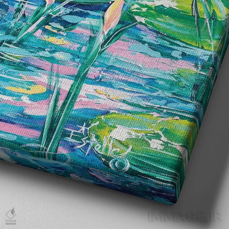 تابلو نیلوفرهای آبی شناور اثر استل گرنگس - نمای نزدیک بافت بوم