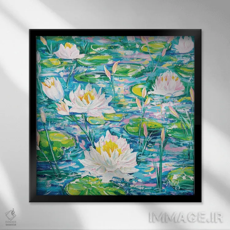 تابلو نیلوفرهای آبی شناور اثر استل گرنگس - نمای قابدار مشکی