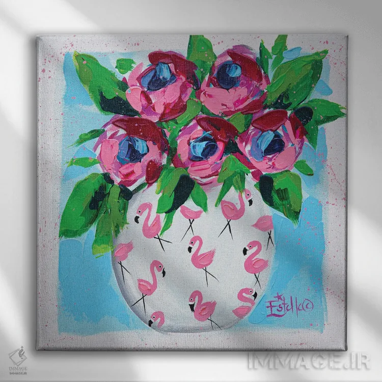 تابلو گلدان فلامینگو (مینگودر اصطلاح) اثر استل گرنگس - نمای روبهرو روی دیوار