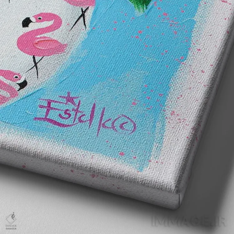 تابلو گلدان فلامینگو (مینگودر اصطلاح) اثر استل گرنگس - نمای نزدیک بافت بوم