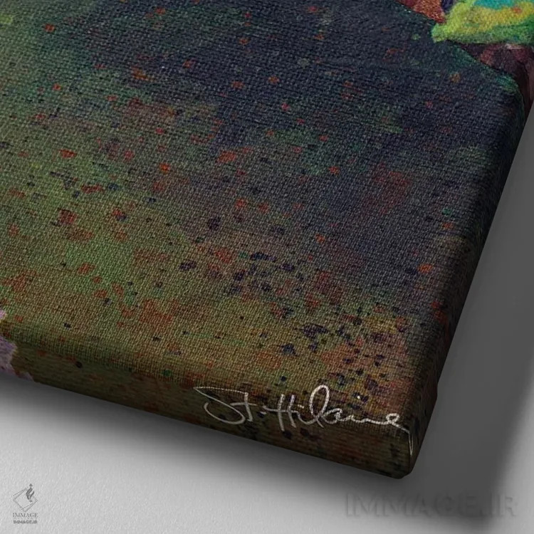 تابلو زاغ کبود روی شکوفههای سیب اثر الیزابت سن هیلر - نمای نزدیک بافت بوم