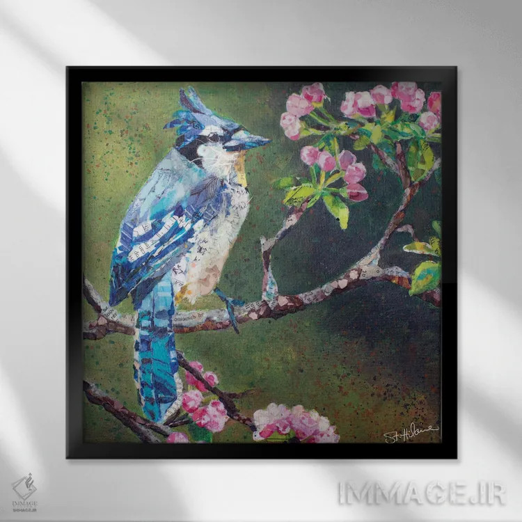 تابلو زاغ کبود روی شکوفههای سیب اثر الیزابت سن هیلر - نمای قابدار مشکی