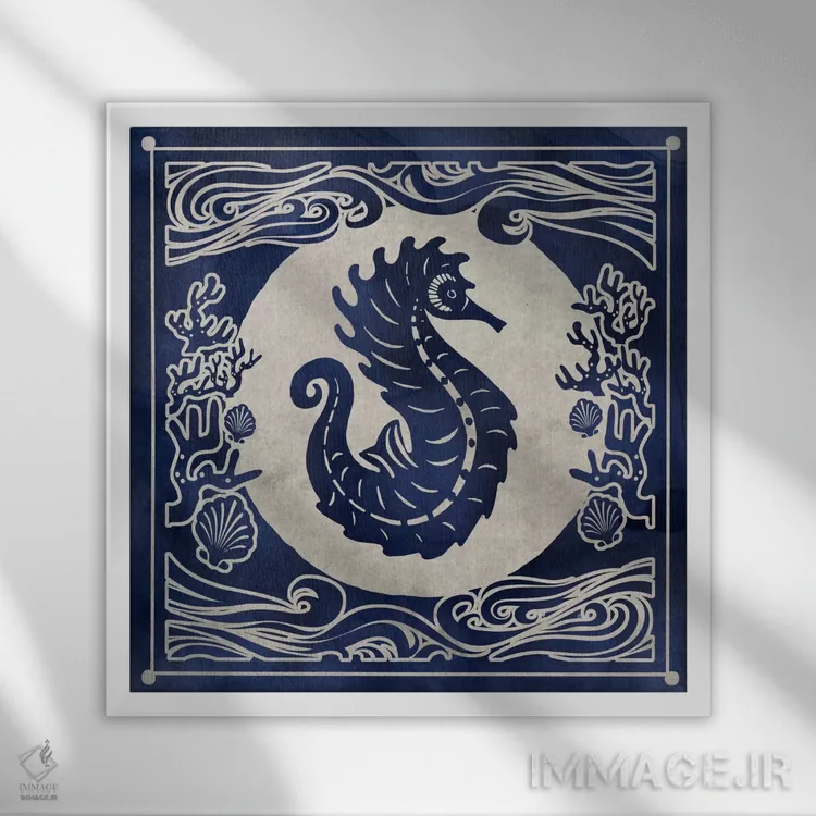 تابلو اسب دریایی مرکبی اثر ادوارد سلکرک - نمای قابدار سفید