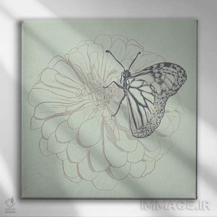 تابلو پروانه سلطنتی و داهلیا لینوتایپ اثر ارین اسپارلر - نمای روبهرو روی دیوار