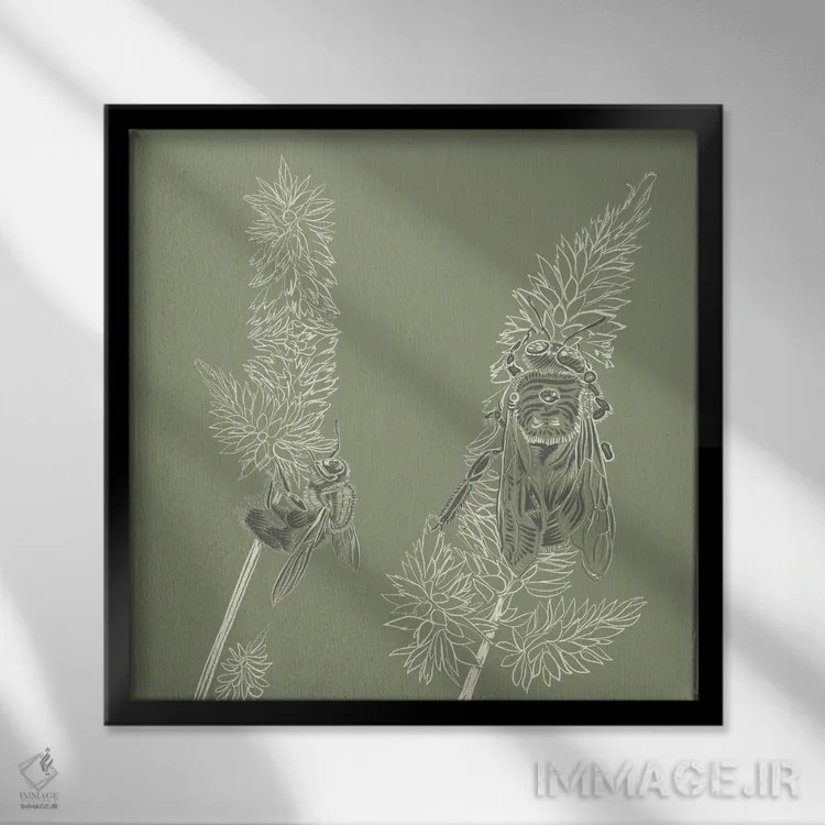 تابلو دمروباه و زنبورها لینوتایپ ۲ اثر ارین اسپارلر - نمای قابدار مشکی