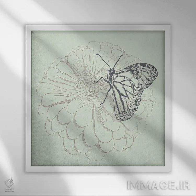 تابلو پروانه سلطنتی و داهلیا لینوتایپ اثر ارین اسپارلر - نمای قابدار سفید