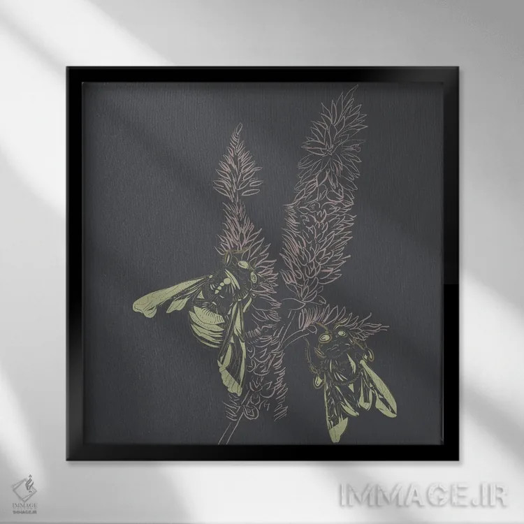 تابلو دمروباه و زنبورها لینوتایپ ۱ اثر ارین اسپارلر - نمای قابدار مشکی