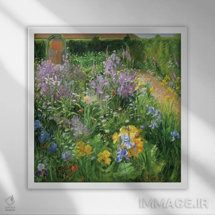 تابلو راکت شیرین، دیجیتالیس و زنبقها اثر تیموتی ایستون - نمای قابدار سفید