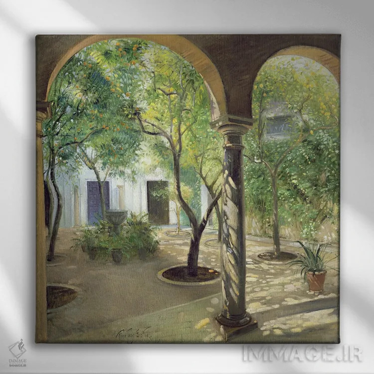 تابلو حیاط سایهدار، کاخ ویانا، کوردوبا اثر تیموتی ایستون - نمای روبهرو روی دیوار