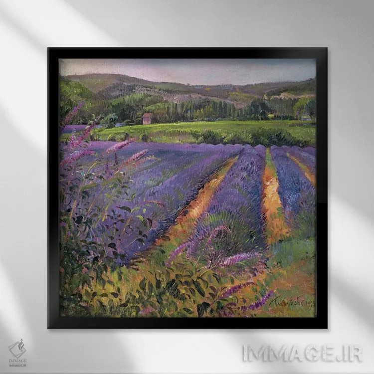 تابلو بوته گلپروانهای و مزرعه اسطوخودوس، مونکلوس، ۱۹۹۳ اثر تیموتی ایستون - نمای قابدار مشکی