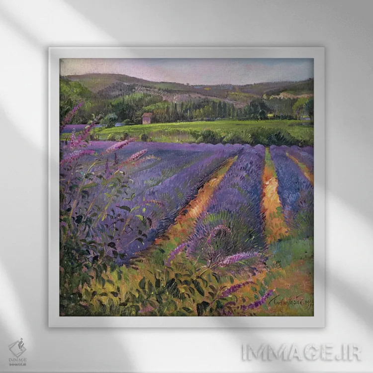 تابلو بوته گلپروانهای و مزرعه اسطوخودوس، مونکلوس، ۱۹۹۳ اثر تیموتی ایستون - نمای قابدار سفید