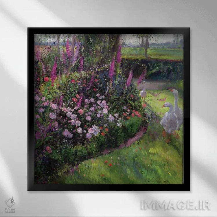 تابلو بستر گل رز و غازها، ۱۹۹۲ اثر تیموتی ایستون - نمای قابدار مشکی