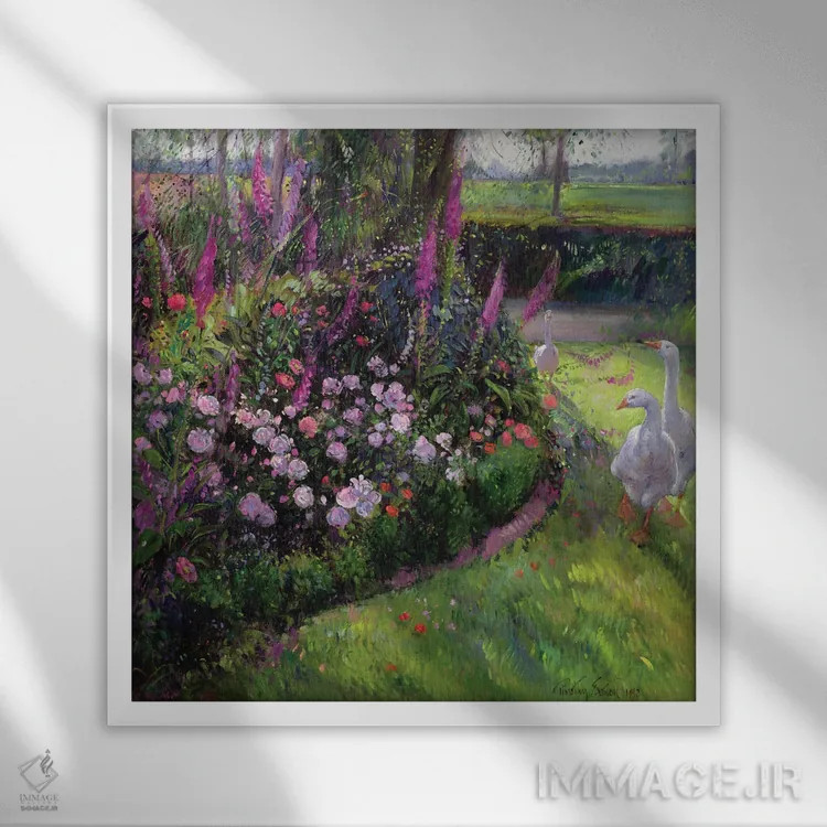 تابلو بستر گل رز و غازها، ۱۹۹۲ اثر تیموتی ایستون - نمای قابدار سفید