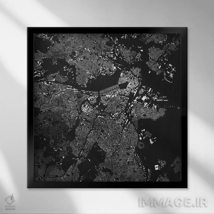 تابلو نقشه شهری بوستون (سیاه) اثر اوربانمپ (نقشه شهری؛ استودیو نقشه یا طراح) - نمای قابدار مشکی