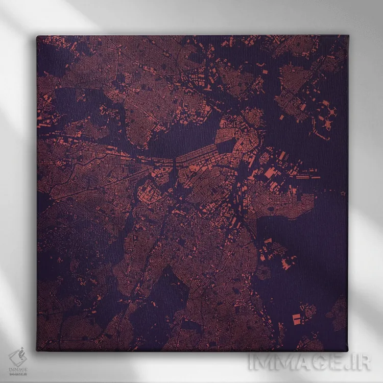 تابلو نقشه شهری بوستون (شب بنفش) اثر اوربانمپ (نقشه شهری؛ استودیو نقشه یا طراح) - نمای روبهرو روی دیوار