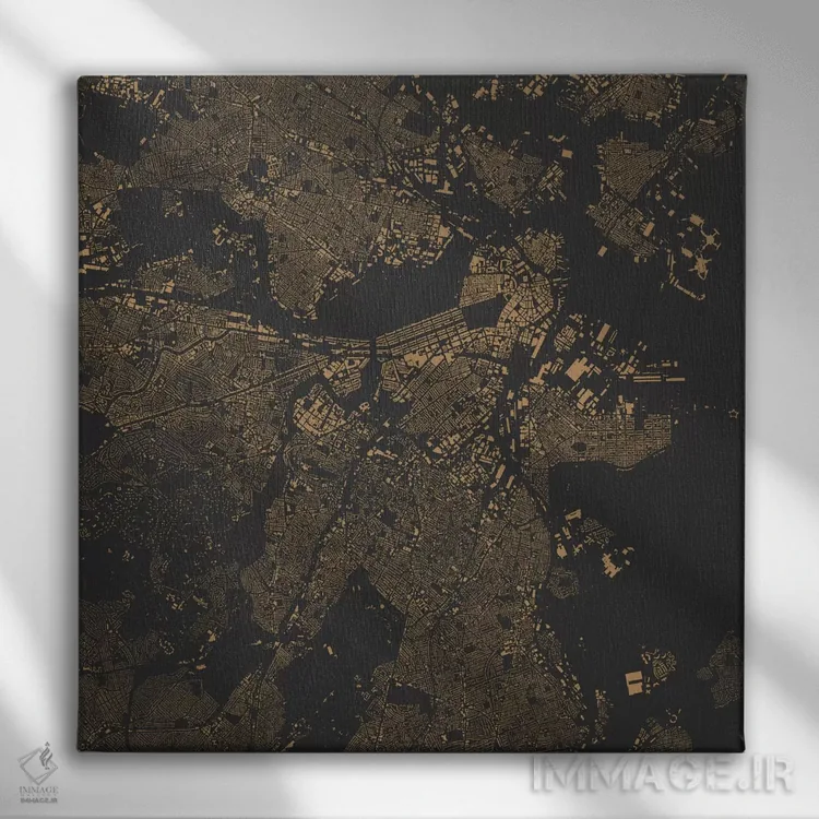 تابلو نقشه شهری بوستون (طلایی) اثر اوربانمپ (نقشه شهری؛ استودیو نقشه یا طراح) - نمای روبهرو روی دیوار