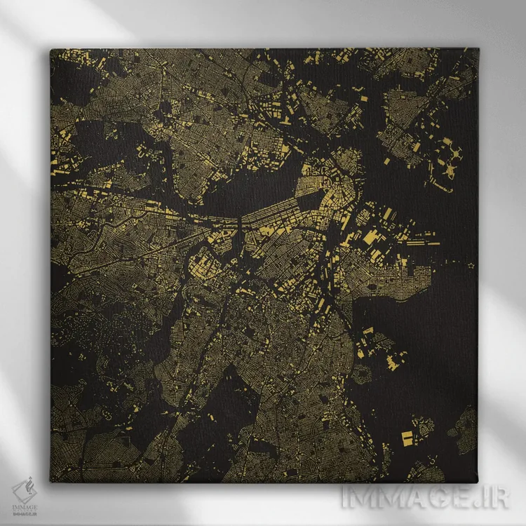 تابلو نقشه شهری بوستون (زرد) اثر اوربانمپ (نقشه شهری؛ استودیو نقشه یا طراح) - نمای روبهرو روی دیوار