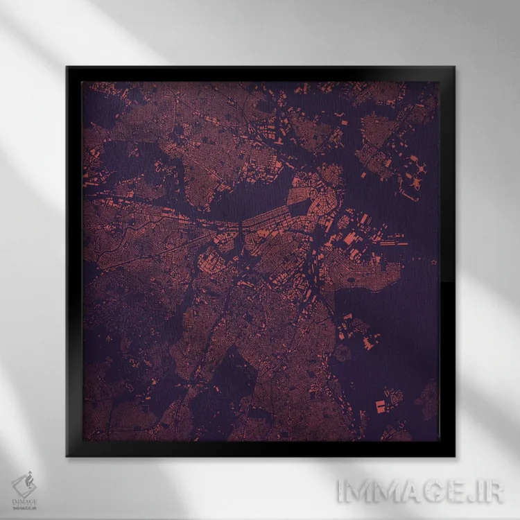 تابلو نقشه شهری بوستون (شب بنفش) اثر اوربانمپ (نقشه شهری؛ استودیو نقشه یا طراح) - نمای قابدار مشکی