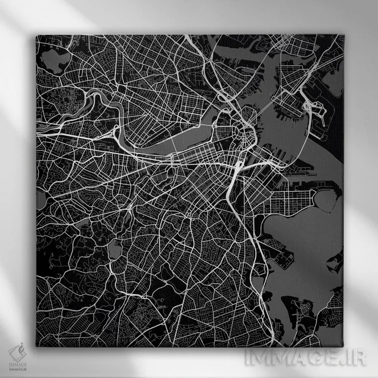 تابلو نقشه راههای شهری بوستون (سیاه) اثر اوربانمپ (نقشه شهری؛ استودیو نقشه یا طراح) - نمای روبهرو روی دیوار