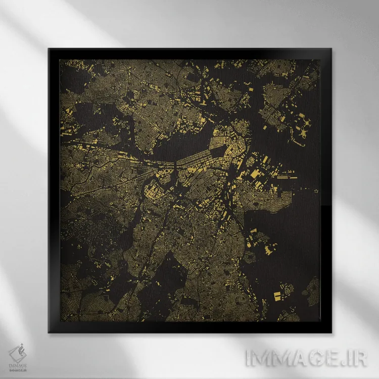 تابلو نقشه شهری بوستون (زرد) اثر اوربانمپ (نقشه شهری؛ استودیو نقشه یا طراح) - نمای قابدار مشکی