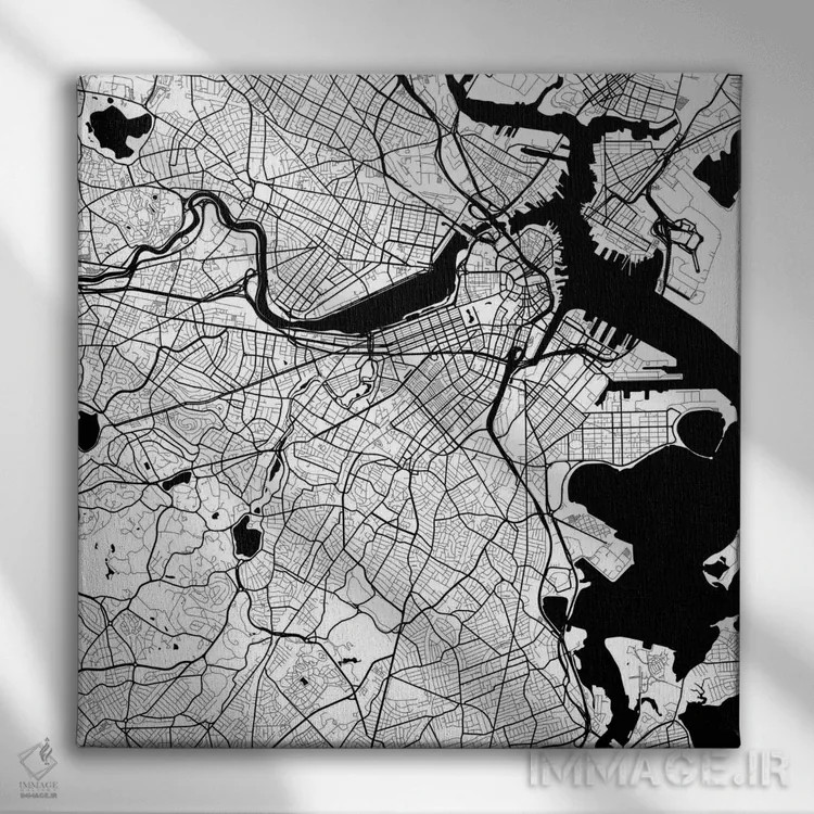 تابلو نقشه راههای شهری بوستون (سفید) اثر اوربانمپ (نقشه شهری؛ استودیو نقشه یا طراح) - نمای روبهرو روی دیوار
