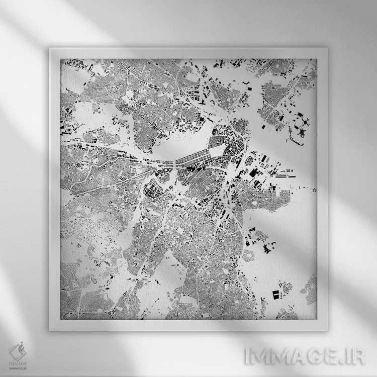 تابلو نقشه شهری بوستون (سفید) اثر اوربانمپ (نقشه شهری؛ استودیو نقشه یا طراح) - نمای قابدار سفید