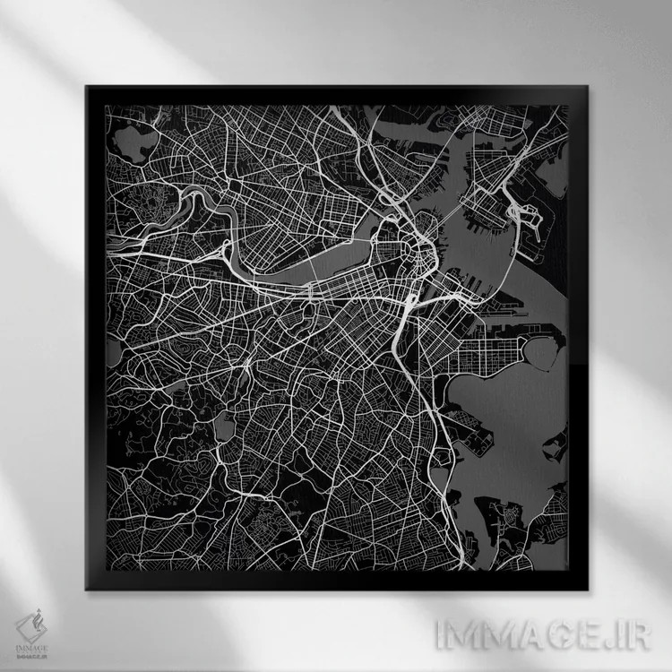 تابلو نقشه راههای شهری بوستون (سیاه) اثر اوربانمپ (نقشه شهری؛ استودیو نقشه یا طراح) - نمای قابدار مشکی