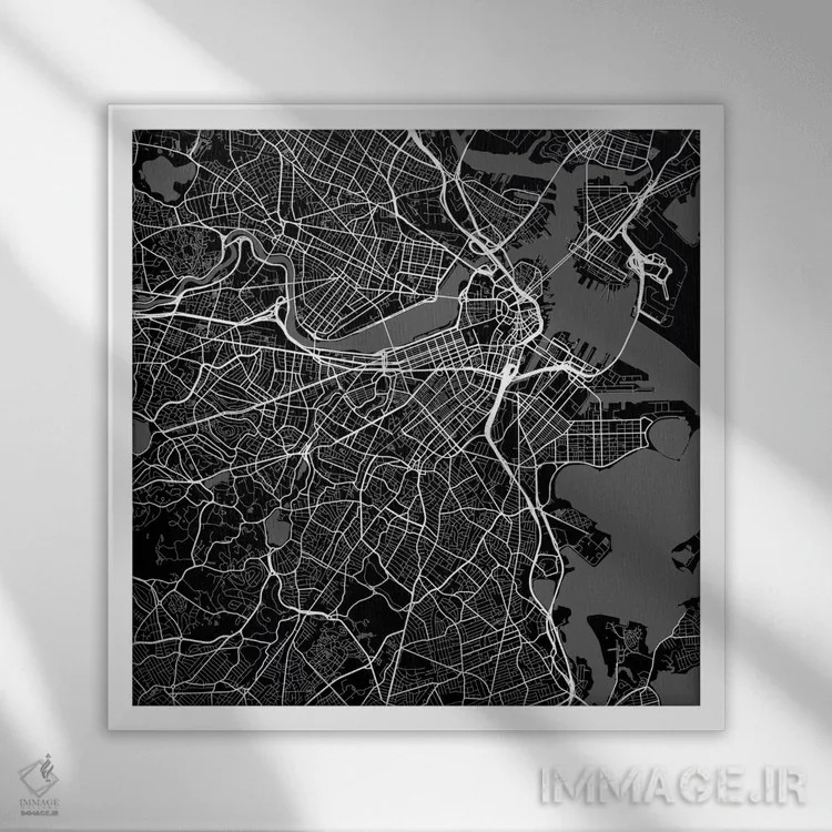 تابلو نقشه راههای شهری بوستون (سیاه) اثر اوربانمپ (نقشه شهری؛ استودیو نقشه یا طراح) - نمای قابدار سفید