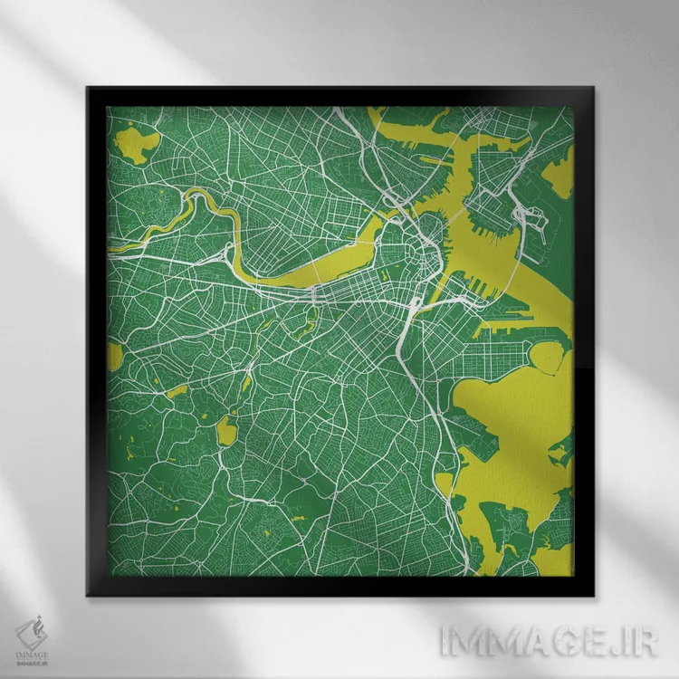 تابلو نقشه راههای شهری بوستون (سبز) اثر اوربانمپ (نقشه شهری؛ استودیو نقشه یا طراح) - نمای قابدار مشکی