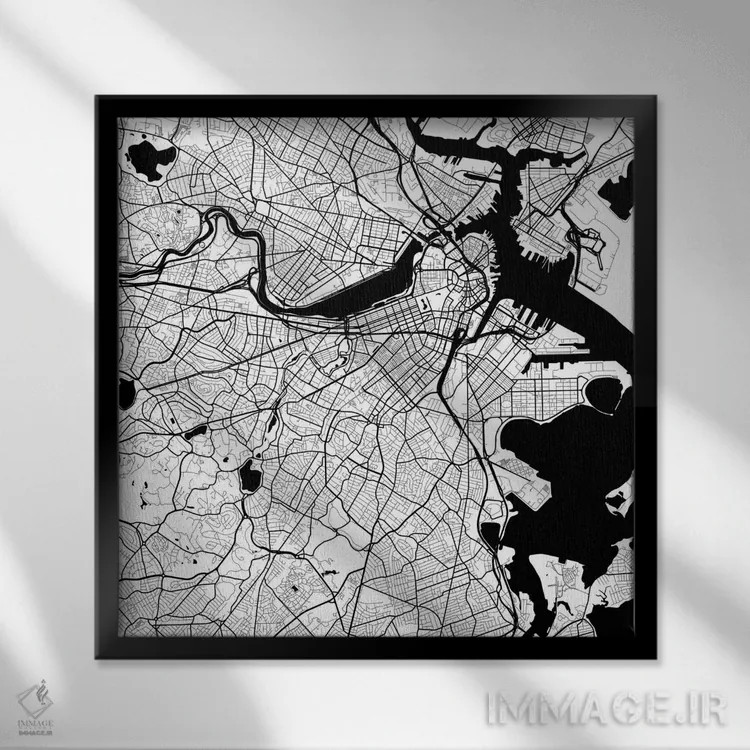 تابلو نقشه راههای شهری بوستون (سفید) اثر اوربانمپ (نقشه شهری؛ استودیو نقشه یا طراح) - نمای قابدار مشکی