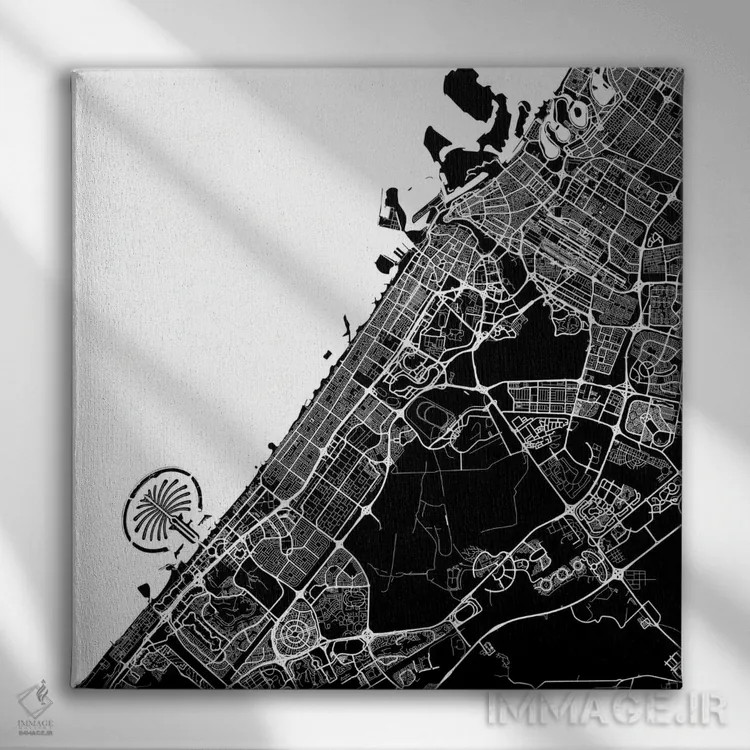 تابلو نقشه شهری دبی (سفید) اثر اوربانمپ (نقشه شهری؛ استودیو نقشه یا طراح) - نمای روبهرو روی دیوار