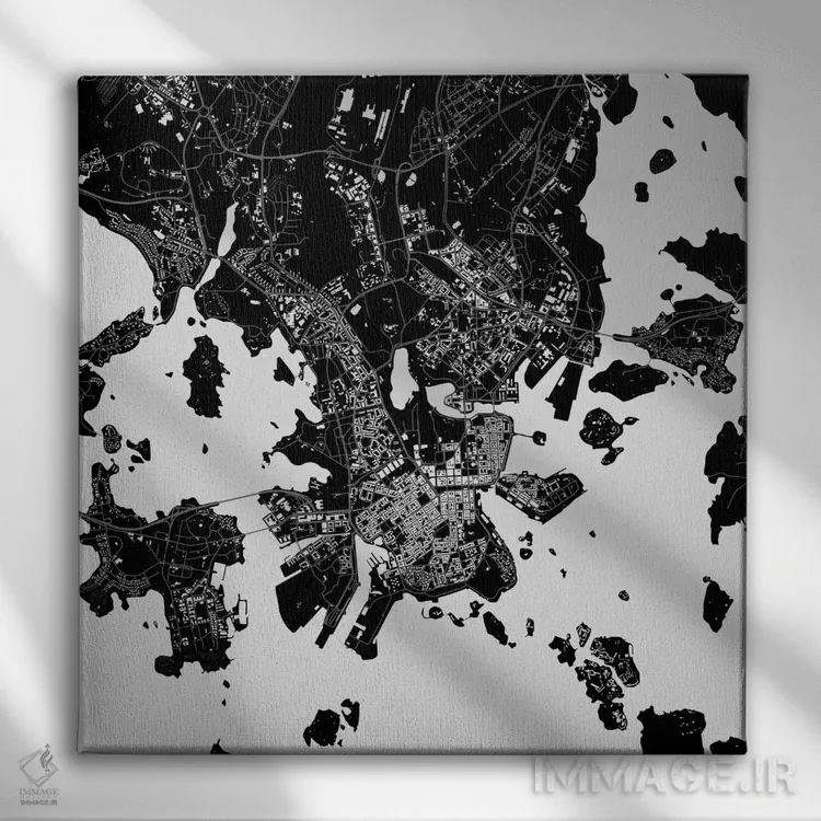 تابلو نقشه شهری هلسینکی (سیاه) اثر اوربانمپ (نقشه شهری؛ استودیو نقشه یا طراح) - نمای روبهرو روی دیوار