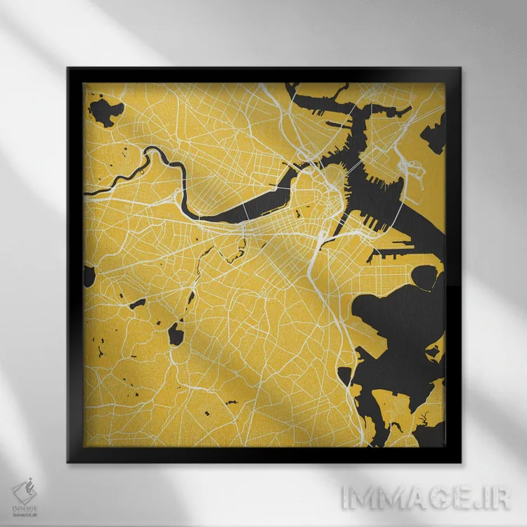 تابلو نقشه راههای شهری بوستون (زرد) اثر اوربانمپ (نقشه شهری؛ استودیو نقشه یا طراح) - نمای قابدار مشکی