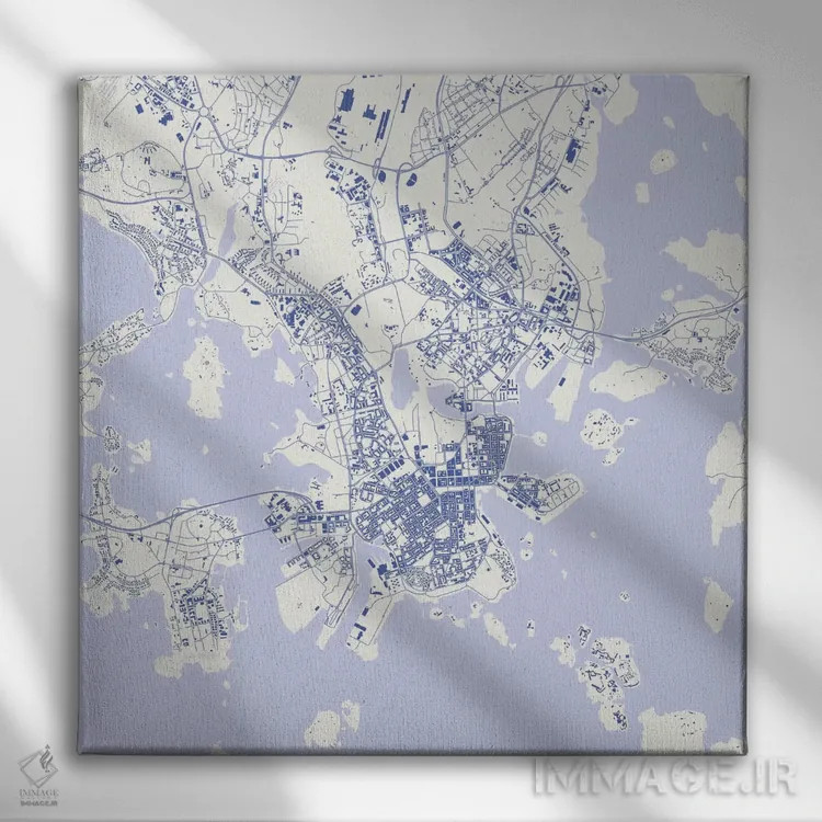 تابلو نقشه شهری هلسینکی (آبی) اثر اوربانمپ (نقشه شهری؛ استودیو نقشه یا طراح) - نمای روبهرو روی دیوار